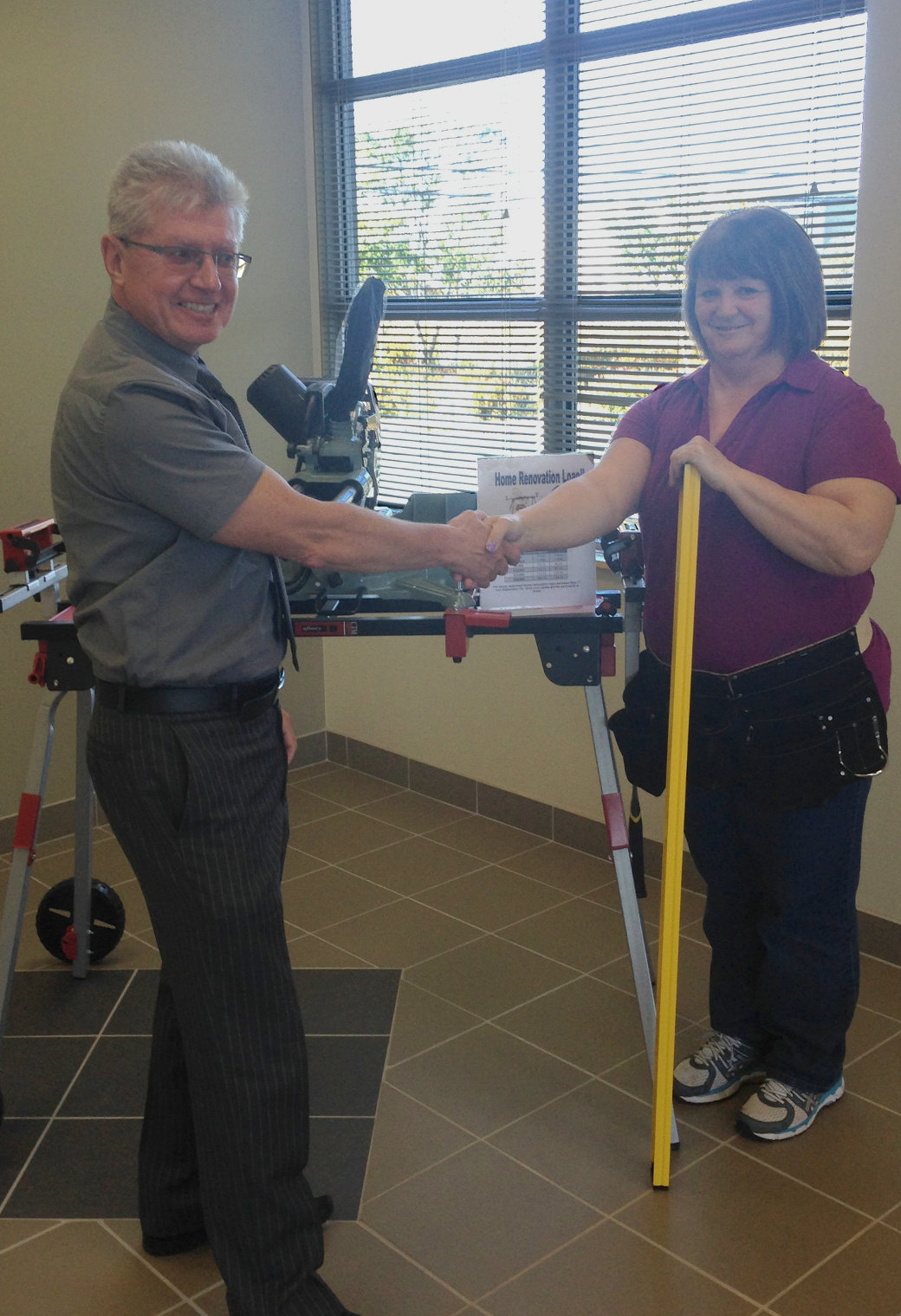 Miss Barbara Carew is the winner of our Home Renovation Campaign that ran from May to September 2016. Brian Quilty, CEO congratulated Barbara on winning the miter saw, table stand and accessories. Congratulations Barbara!